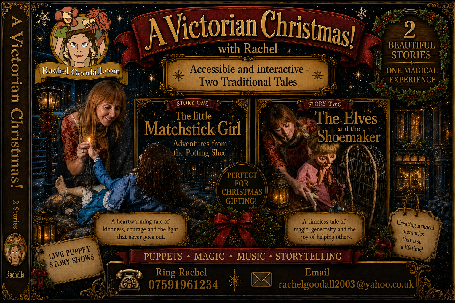 Victorian Christmas with Rachel promotional artwork featuring The Little Matchstick Girl and The Elves and the Shoemaker.
